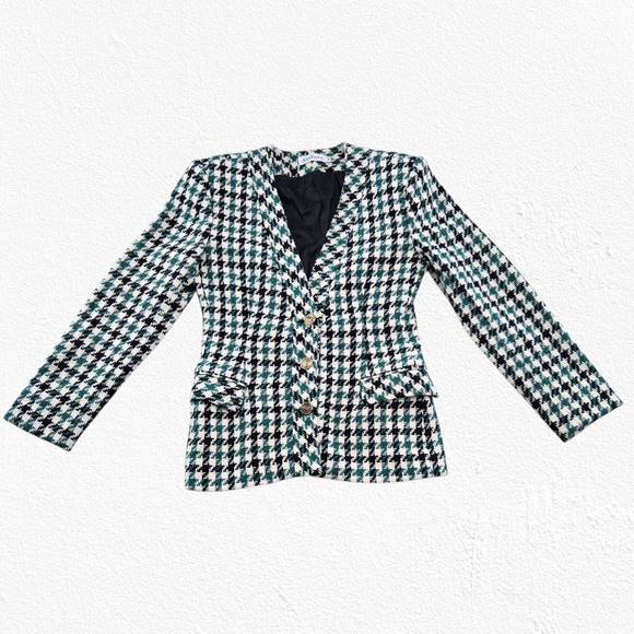 Vintage 80s Ann Taylor Green Black Wool Houndstooth Blazer Gold Buttons Size 2 - Picture 3 of 10